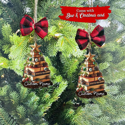 FREE Bow & Christmas Card! Custom Name Book Ornament, Book Lover Gift