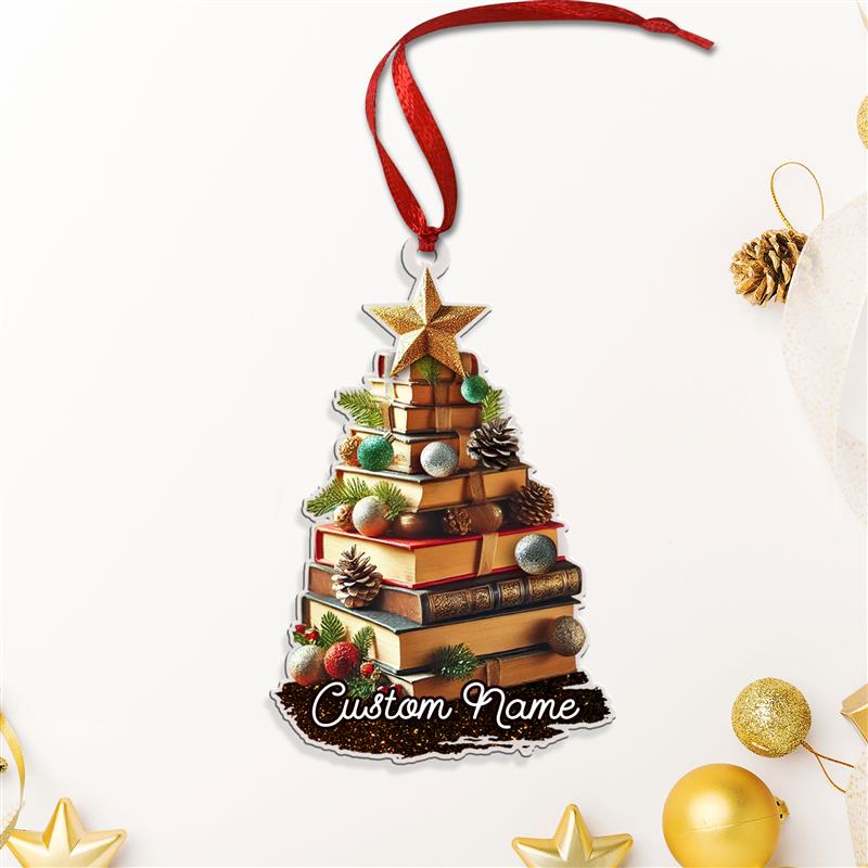 FREE Bow & Christmas Card! Custom Name Book Ornament, Book Lover Gift